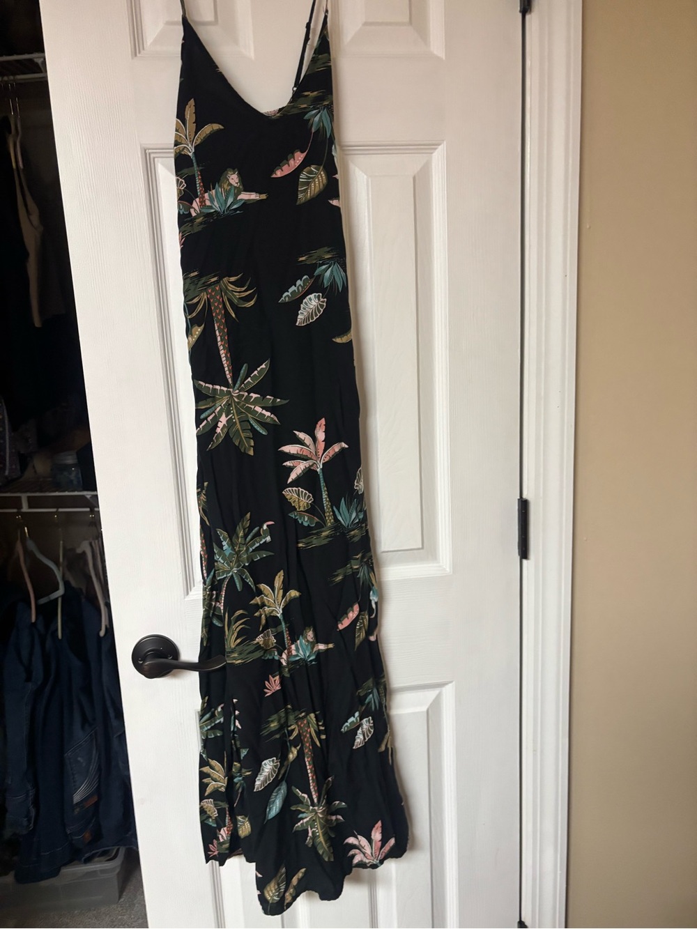 Old Navy Black Maxi Dress with Pink and Green Palm Accents